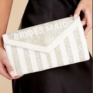 Red Dress Be My Bridesmaid White Silver Beaded Clutch Chain Crossbody OS NEW